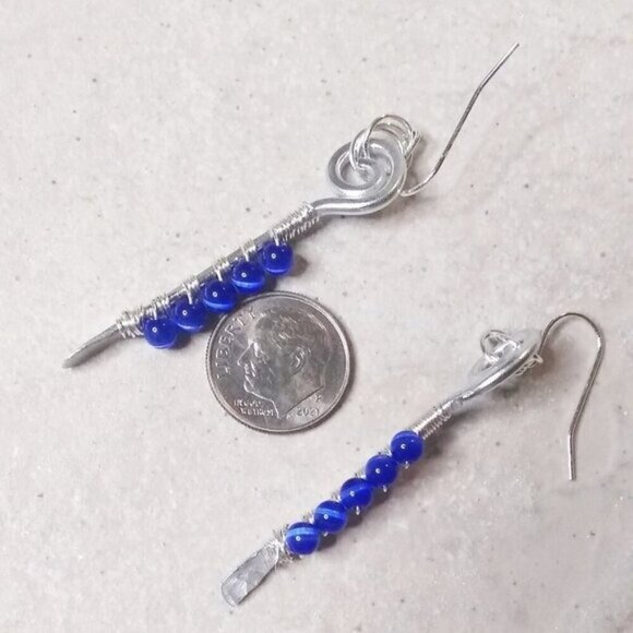 Unique Wire Wrapped Dangle Earrings! Blue CatsEye Beads! Lightweight!!! - Picture 9 of 11